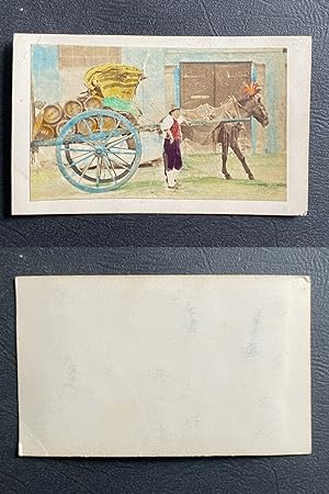 Carriole à cheval tirant des tonneaux, homme en costume tyrolien ? circa 1865