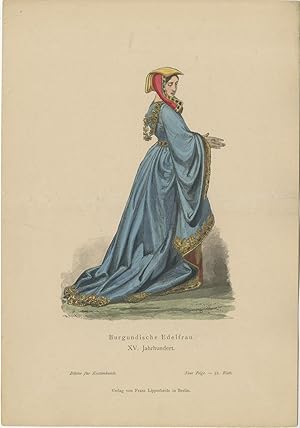 Antique Costume Print of a Burgundy Noblewoman by Lipperheide (c.1880)