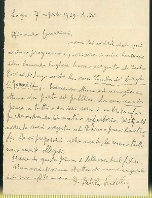 Lettera atografa di 11 righe manoscritte, datata 7 aprile 1929 A. VII, firmata da Balilla Pratell...