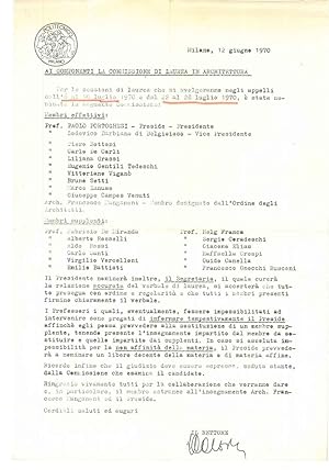 Bild des Verkufers fr Lettera dattiloscritta datata 12 giugno 1970, con firma autografa del Rettore dell'Universit di Milano zum Verkauf von Studio Bibliografico Orfeo (ALAI - ILAB)