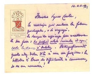 Cartolina manoscritta ai due lati con logo Libreria antiquaria Ulrico Hoepli e firma autografa. I...