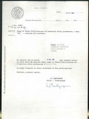 Lettera su carta intestata del Politecnico di Milano con firma autografa, in data ottobre 1968