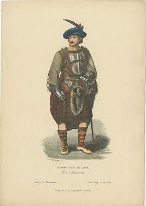 Antique Costume Print of a Scottish Warrior by Lipperheide (c.1880)