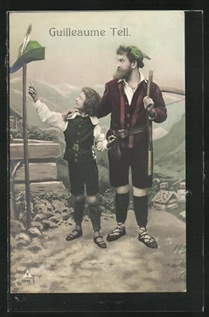 Image du vendeur pour Ansichtskarte Guillaume Tell, Wilhelm Tell, Junge zeigt auf Jgermtze mis en vente par Bartko-Reher