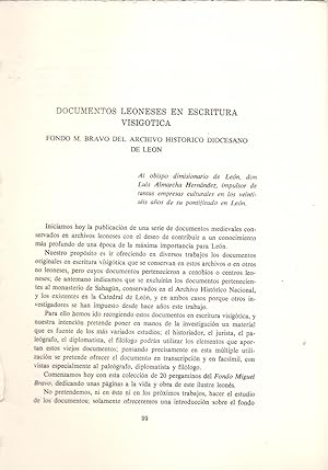 Imagen del vendedor de DOCUMENTOS LEONESES EN ESCRITURA VISIGOTICA, FONDO M. BRAVO DEL ARCHIVO HISTORICO DIOCESANO DE LEON (EXTRAIDO ORIGINAL DEL AO 1973 ESTUDIO COMPLETO TEXTO INTEGRO) a la venta por Libreria 7 Soles
