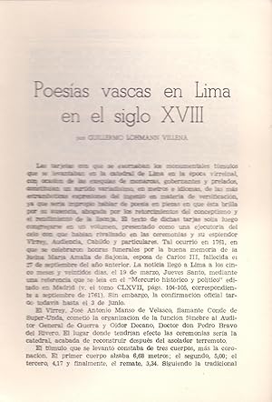 Image du vendeur pour POESIAS VASCAS EN LIMA EN EL SIGLO XVIII (EXTRAIDO ORIGINAL DEL AO 1956 ESTUDIO COMPLETO TEXTO INTEGRO) mis en vente par Libreria 7 Soles