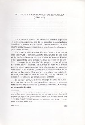 Image du vendeur pour ESTUDIO DE LA POBLACION DE PENSACOLA (1784-1820) (EXTRAIDO ORIGINAL DEL AO 1977 ESTUDIO COMPLETO TEXTO INTEGRO) mis en vente par Libreria 7 Soles