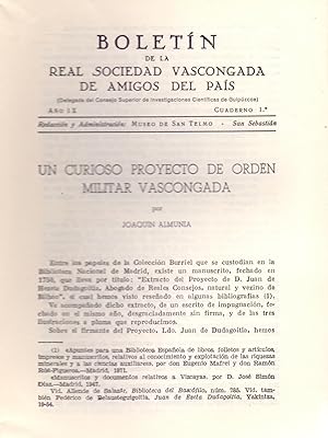 Bild des Verkufers fr UN CURIOSO PROYECTO DE ORDEN MILITAR VASCONGADA (EXTRAIDO ORIGINAL DEL AO 1953 ESTUDIO COMPLETO TEXTO INTEGRO) zum Verkauf von Libreria 7 Soles