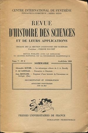 Seller image for Revue d'Histoire des Sciences et de leurs applications. - Tome V - N 2 - Avril/Juin 1952 for sale by PRISCA