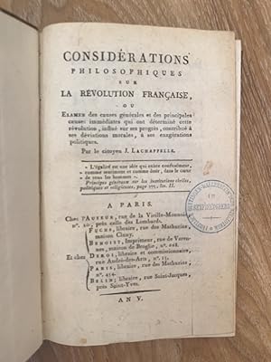 Imagen del vendedor de Considrations philosophiques sur la Rvolution Franaise. a la venta por PlanetderBuecher