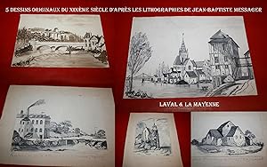 5 Dessins Originaux du Dix-Neuvième Siècle d'après les Lithographies de "La Mayenne Pittoresque" ...