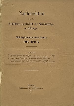 Imagen del vendedor de Athenaeus und Macrobius + Eine Byzantinische Recension Plutarchischer Schriften + Die Erste, Zweite und Funfte Ghatha des Zuraxthusthro (Josno 28, 29, 32). Versuch einer Herstellung der Alteren Textformen Nebst Uebersetzung. THREE ARTICLES IN ONE VOLUME. a la venta por FOLIOS LIMITED