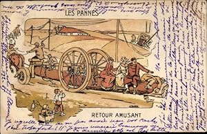 Litho Les Pannes, Retour Amusant, Auto hat eine Panne, Pferdefuhrwerk