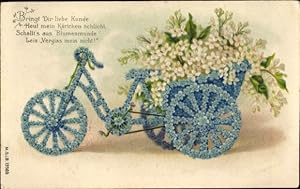 Präge Ansichtskarte / Postkarte Dreirad aus Vergissmeinnicht