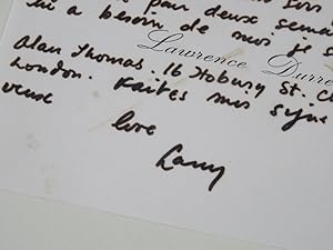 Carte de visite autographe signée adressée à Jani Brun : "Demain soir je vais en Angleterre"