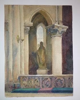 Sculpture in a Renaissance building . Original watercolor.