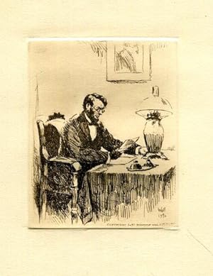 Untitled Etching of Abraham Lincoln Seated At A Table Reading Correspondence