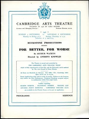 Imagen del vendedor de For Better, For Worse | Original Souvenir Theatre Programme Performed at Cambridge Arts Theatre, 6 St. Edward's Passage, Cambridge | 3 To 8 September, 1956. a la venta por Little Stour Books PBFA Member