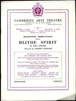 Bild des Verkufers fr Blithe Spirit | Original Souvenir Theatre Programme Performed at Cambridge Arts Theatre, 6 St. Edward's Passage, Cambridge | 16 To 21 July, 1956. zum Verkauf von Little Stour Books PBFA Member