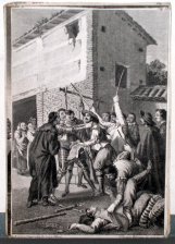 Don Quijote sujeta por el Cuello a un Hombre mientras Sancho se pelea con otro