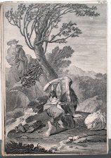 Una Mujer rubia sentada bajo un Árbol con un Hatillo