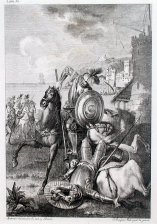 El Quijote - Un caballero con armadura ataca a otro caído del caballo