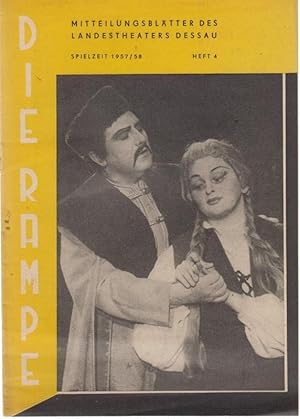 Bild des Verkufers fr Die Rampe. Heft 4 der Spielzeit 1957 / 1958. Mitteilungsbltter des Landestheaters Dessau. - Aus dem Inhalt: Zu unseren Neuinszenierungen: Manon Lescaut ( Puccini ) / Freundschaftliche Beziehungen Dessau - Poznan vertiefen sich / Zu Richard Waners 75. Todestag / Wagner ber die Rolle der Kunst im Leben des Volkes / Spielplanvorschau 1. bis 31. Mrz 1958. zum Verkauf von Antiquariat Carl Wegner