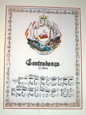 Escudo de Puerto Rico y partitura musical de una Contradanza cubana