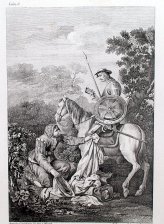 Don Quijote a Caballo y Sancho arrodillado en el Suelo