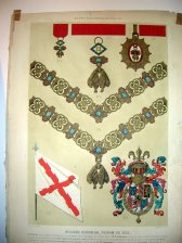 Insigne Orden del Toison de oro : Collar, Vellocino, Cinta, Insignia, Escudo, Bandera.