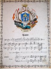 Escudo de Oviedo y partitura musical de un himno.