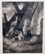 Don Quijote a Caballo atacando los Molinos