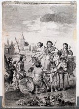 Don Quijote y Sancho de Rodillas ante tres Mujeres montadas en Mulas