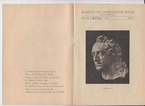 Bild des Verkufers fr Anhaltisches Landestheater Dessau. Heft 6 der Spielzeit 1949 / 1950. - Mit Besetzungsliste zu: Faust I. ( Goethe ). - Inszenierung: Richard Ulrich. - Bhnenbild: Manfred Schrter. - Darsteller: Albert Zahn, Helmut Wittig, Joachim Konrad, Bernd Schfer, Egon Becker-Franken, Horst Mehring, Alfred Bohl, Herbert Albes, Bram Meynadier u. a. - Weiterer Inhalt u. a. : ber Goethe / Thomas Mann: Ansprache im Goethe-Jahr 1949. zum Verkauf von Antiquariat Carl Wegner