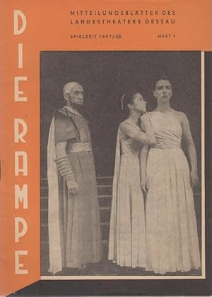 Bild des Verkufers fr Die Rampe. Heft 1 der Spielzeit 1957 / 1958. Mitteilungsbltter des Landestheaters Dessau. - Aus dem Inhalt: Zu unseren Neuinszenierungen: Antigone / Eugen Onegin / Drei heitere Theaterabende / Das Tagebuch der Anne Frank // Ernst Richter: Kumpel und Knstler schlieen Freundschaft / Edi Weeber-Fried: Zu Gast beim Prager Frhling / Spielplanvorschau 17. August bis 16. September 1957. zum Verkauf von Antiquariat Carl Wegner