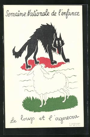 Künstler-Ansichtskarte F. Lesourt: Semaine Nationale de l`enfance, Le loup et l`agneau, Kinderfür...