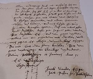Deutschsprachiger Brief von Jacob Vianden, Pastor in Bebelsheim, an Johann VII. von der Leyen, 15...