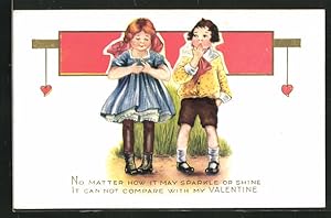 Ansichtskarte Mädchen blickt verträumt auf den blinkenden Ring, My Valentine, Valentinstag