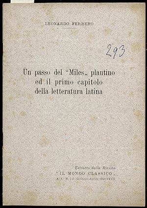 Immagine del venditore per Un passo del "Miles" plautino ed il primo capitolo della letteratura italiana venduto da Sergio Trippini