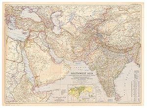 Seller image for Southwest Asia, India, Pakistan, and Northeast Africa.Washington, DC, National Geographic Society, 1952. Colour printed map, 68.5 x 95 cm. Scale 1:7,5000,000. With an inset map of "the Moslem World; percentage of Moslems in total population". for sale by Antiquariaat FORUM BV