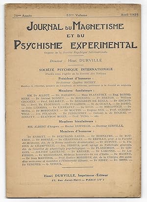 Journal du Magnetisme et du Psychisme Experimental. Avril 1925