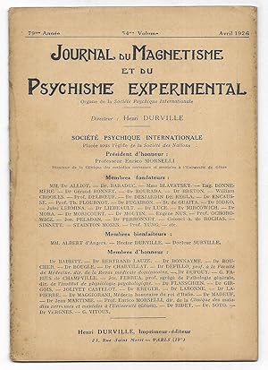 Journal du Magnetisme et du Psychisme Experimental. Avril 1926
