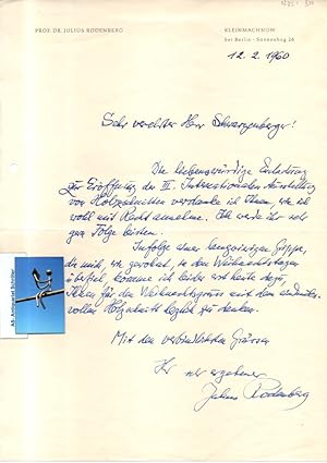 Handgeschriebener Brief von Rodenberg an Schwarzenberger. Datiert (12.2.1960) und signiert.