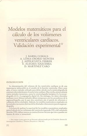 Image du vendeur pour MODELOS MATEMATICOS PARA EL CALCULO DE LOS VOLUMENES VENTRICULARES CARDIACOS. VALIDACION EXPERIMENTAL (EXTRAIDO ORIGINAL DEL AO 1984, ESTUDIO COMPLETO TEXTO INTEGRO) mis en vente par Libreria 7 Soles