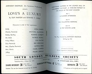 Bild des Verkufers fr Love's A Luxury | Original Souvenir Theatre Programme Performed at The Streatham Hill Theatre zum Verkauf von Little Stour Books PBFA Member