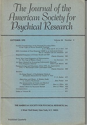 THE JOURNAL OF THE AMERICAN SOCIETY FOR PSYCHICAL RESEARCH. Volume 66, Number 4. October 1972.
