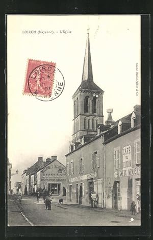 Carte postale Loiron, L`Église et la Cafe de l`Union