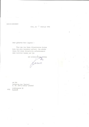 Ms. Brief m. Unterschrift des Bundeskanzlers Bruno Kreisky an den Karikaturisten Rudolf Angerer. ...