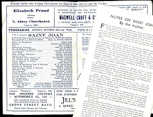 Image du vendeur pour Saint Joan | Original Souvenir Theatre Programme Performed at Theatre Royal Bath | Bath's Historic House of Entertainment + Notes by the Author Flyer mis en vente par Little Stour Books PBFA Member