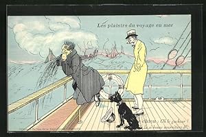 Ansichtskarte Les plaisirs du voyage en mer, seekranker Mann übergibt sich an einer Schiffsreeling